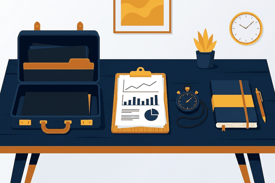 Ilustrasi meja manajer dengan papan data, stopwatch, dan tas kerja dalam nuansa biru navy dengan aksen kuning amber