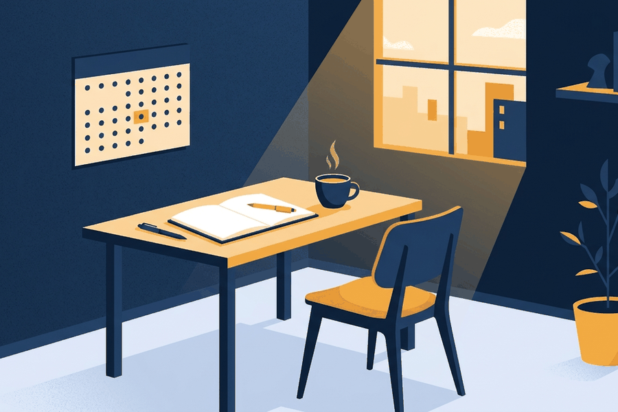 Ilustrasi meja rapat evaluasi bulanan seorang diri dengan buku agenda, kalender, dan cangkir kopi